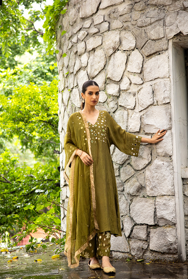 Mehendi Green Mirror Work Dor Kurta Set