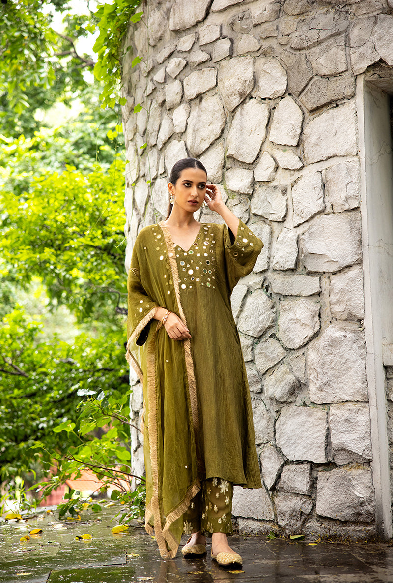Mehendi Green Mirror Work Dor Kurta Set