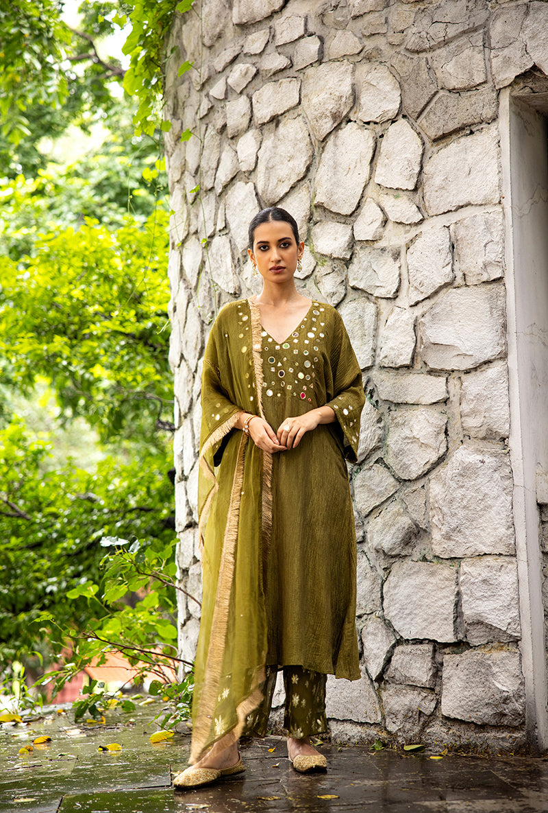 Mehendi Green Mirror Work Dor Kurta Set