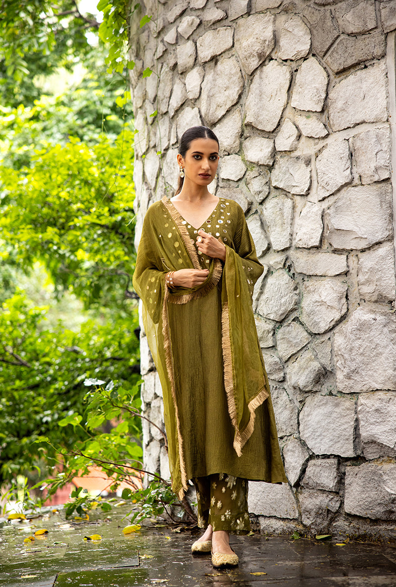 Mehendi Green Mirror Work Dor Kurta Set