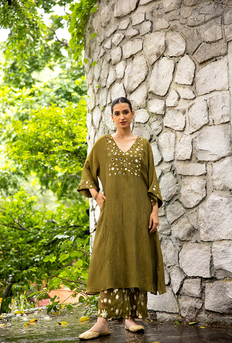 Mehendi Green Mirror Work Dor Kurta Set