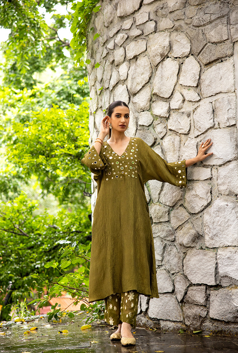 Mehendi Green Mirror Work Dor Kurta Set