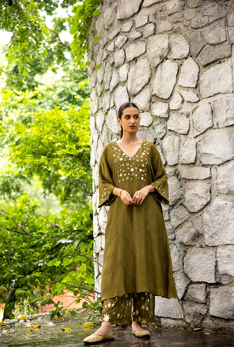 Mehendi Green Mirror Work Dor Kurta Set