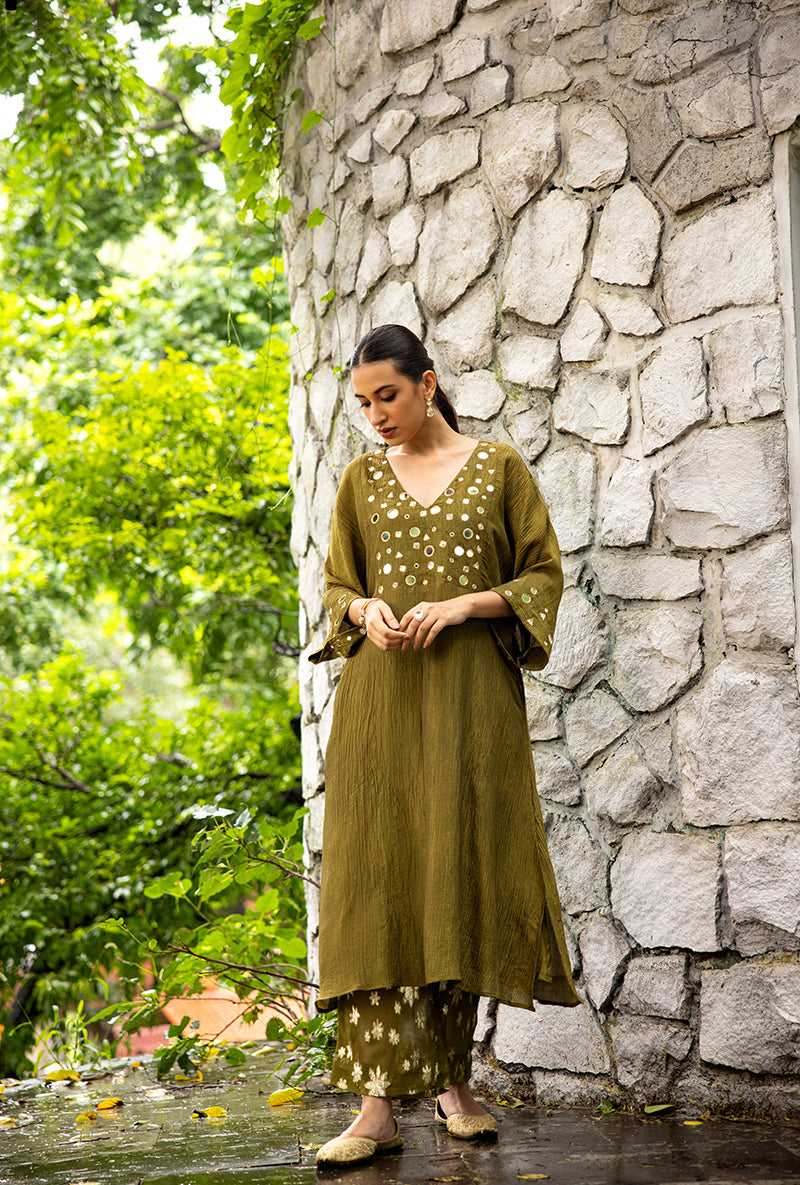 Mehendi Green Mirror Work Dor Kurta Set