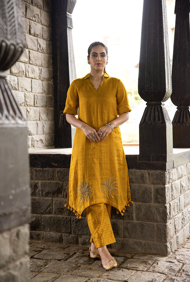 Mustard Asymmetrical Palm Tree Motif Surmayi Tunic Set