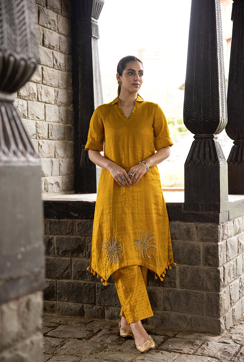 Mustard Asymmetrical Palm Tree Motif Surmayi Tunic Set