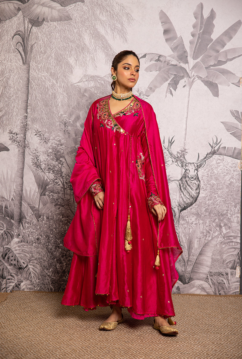 Rani Pink Zardozi Paisley Shaheen Angrakha Anarkali Set