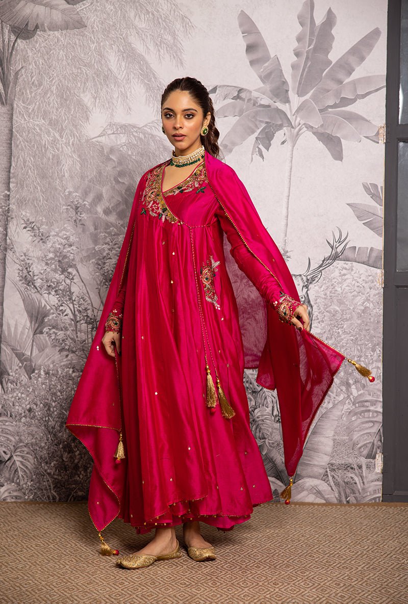 Rani Pink Zardozi Paisley Shaheen Angrakha Anarkali Set