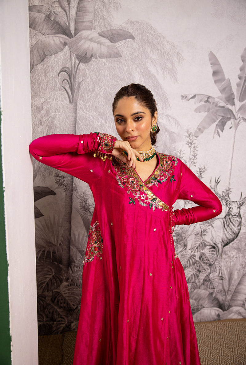 Rani Pink Zardozi Paisley Shaheen Angrakha Anarkali Set