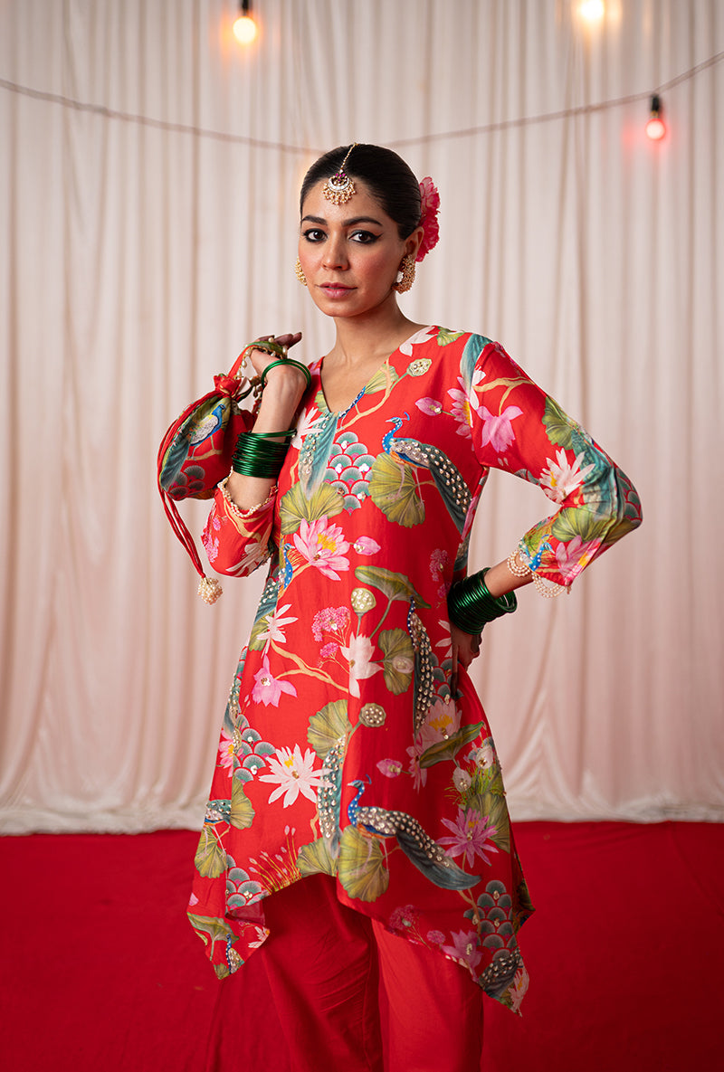 Red Printed Kamli 2.O Short Kurta Set