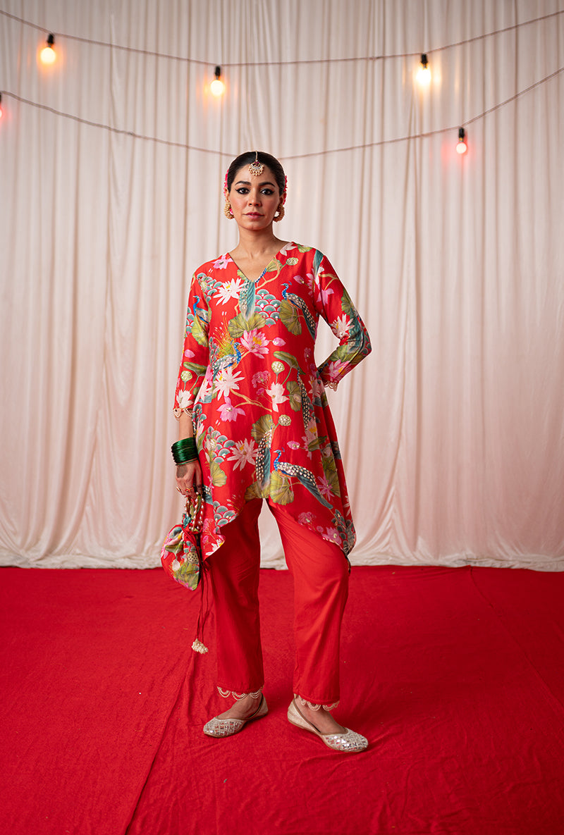 Red Printed Kamli 2.O Short Kurta Set