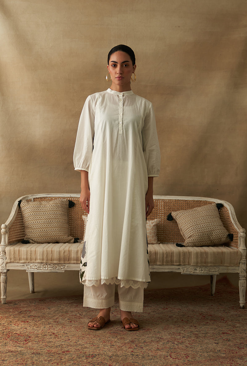White Poppy Print Marigold Kurta Set