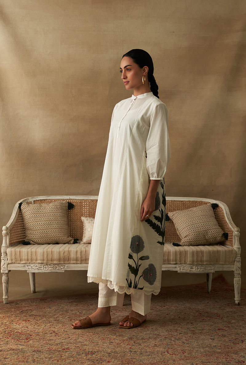 White Poppy Print Marigold Kurta Set