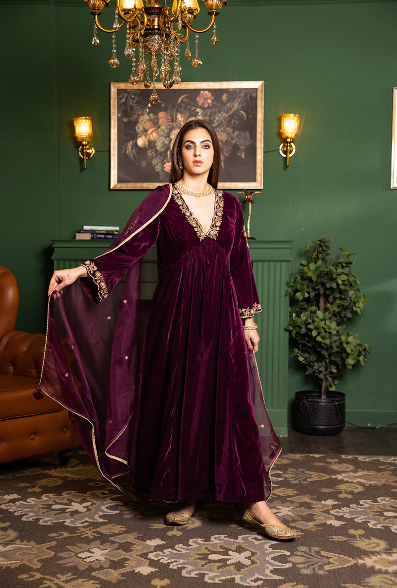 Wine Velvet Empire Line Dastaan Kurta Set