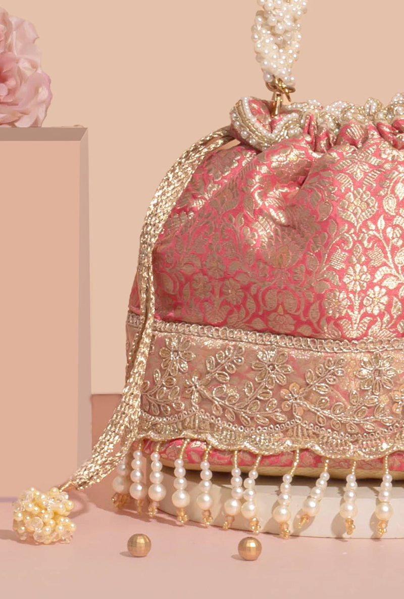 Yavi Banarasi Bucket Bag- Pink
