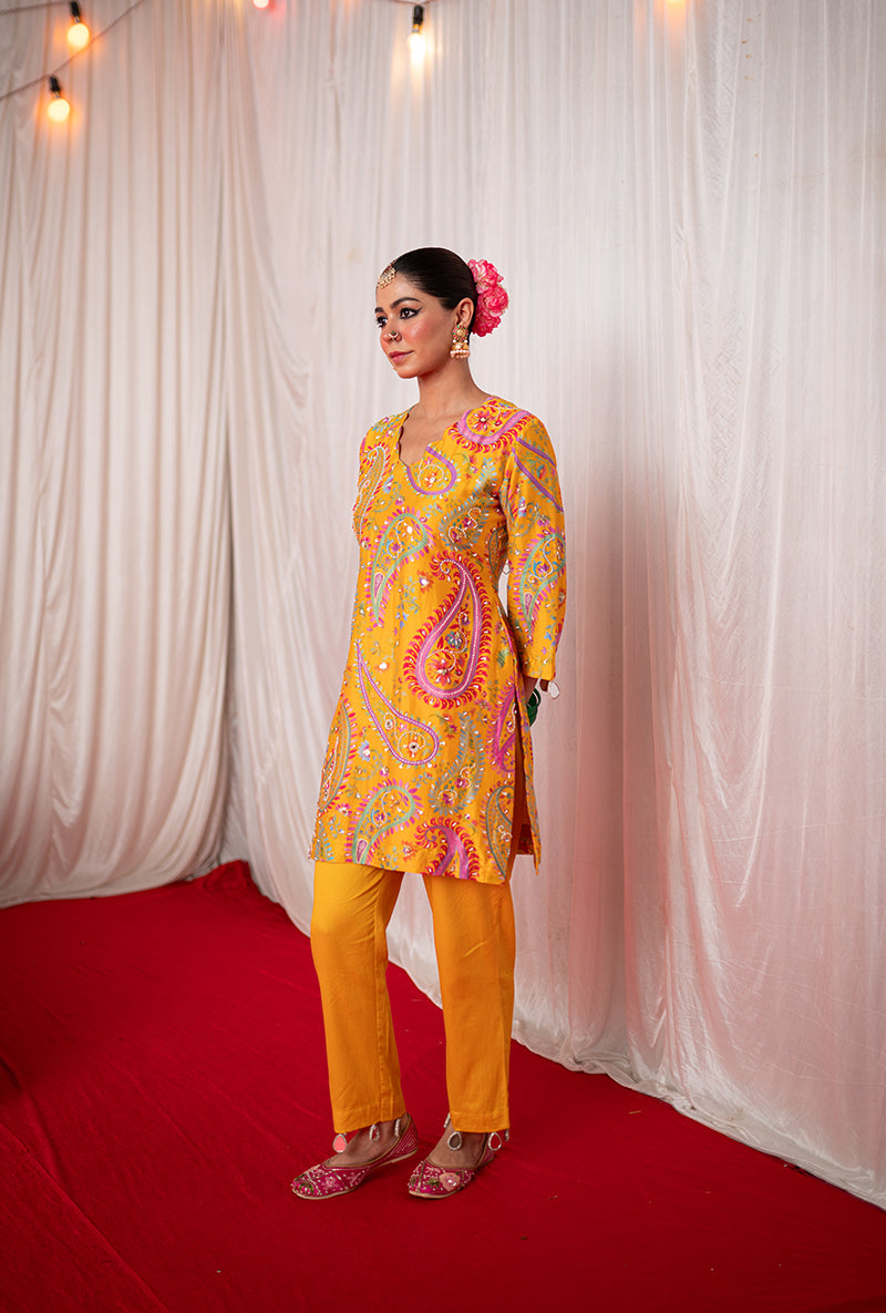 Yellow Printed Kikli Short Kurta Set