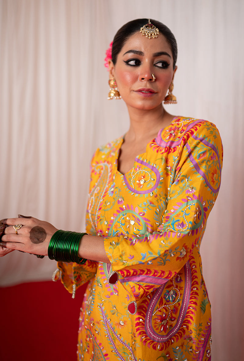 Yellow Printed Kikli Short Kurta Set