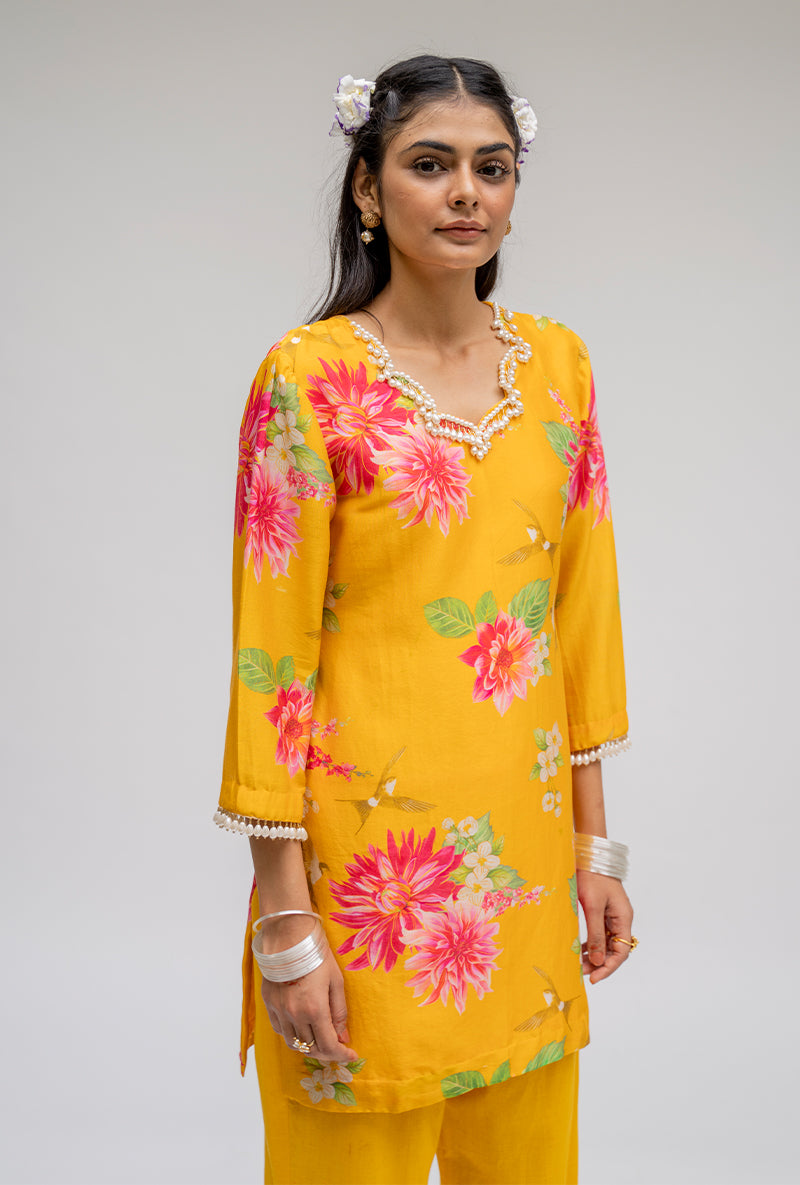 Yellow Printed Short Nyra Kurta Set