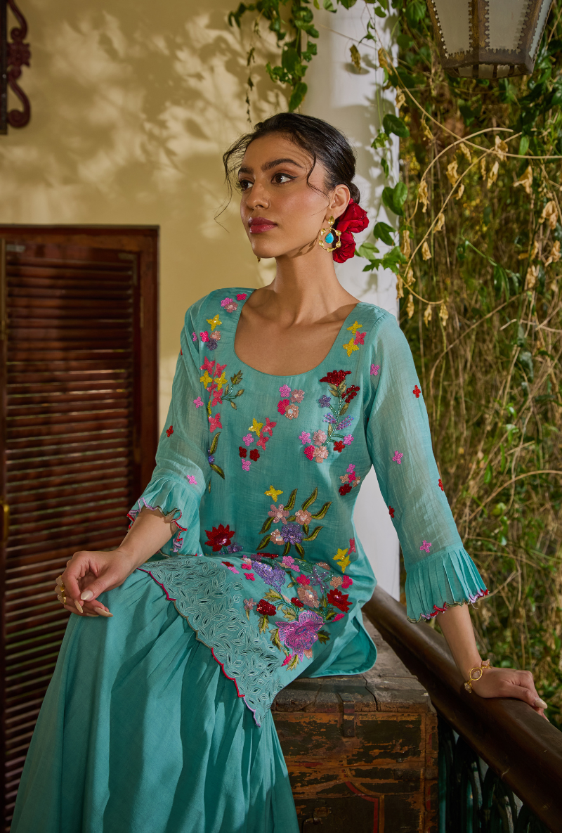 Turquoise Hand Embroidery Cut Work Short Kurta Anaardana Gharara Set