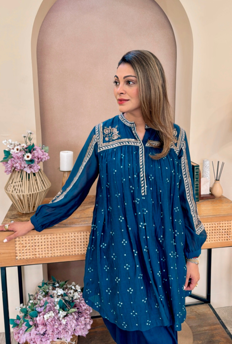 Meghna Nayyar in Blue Bandhej Dhoti Kurta Set