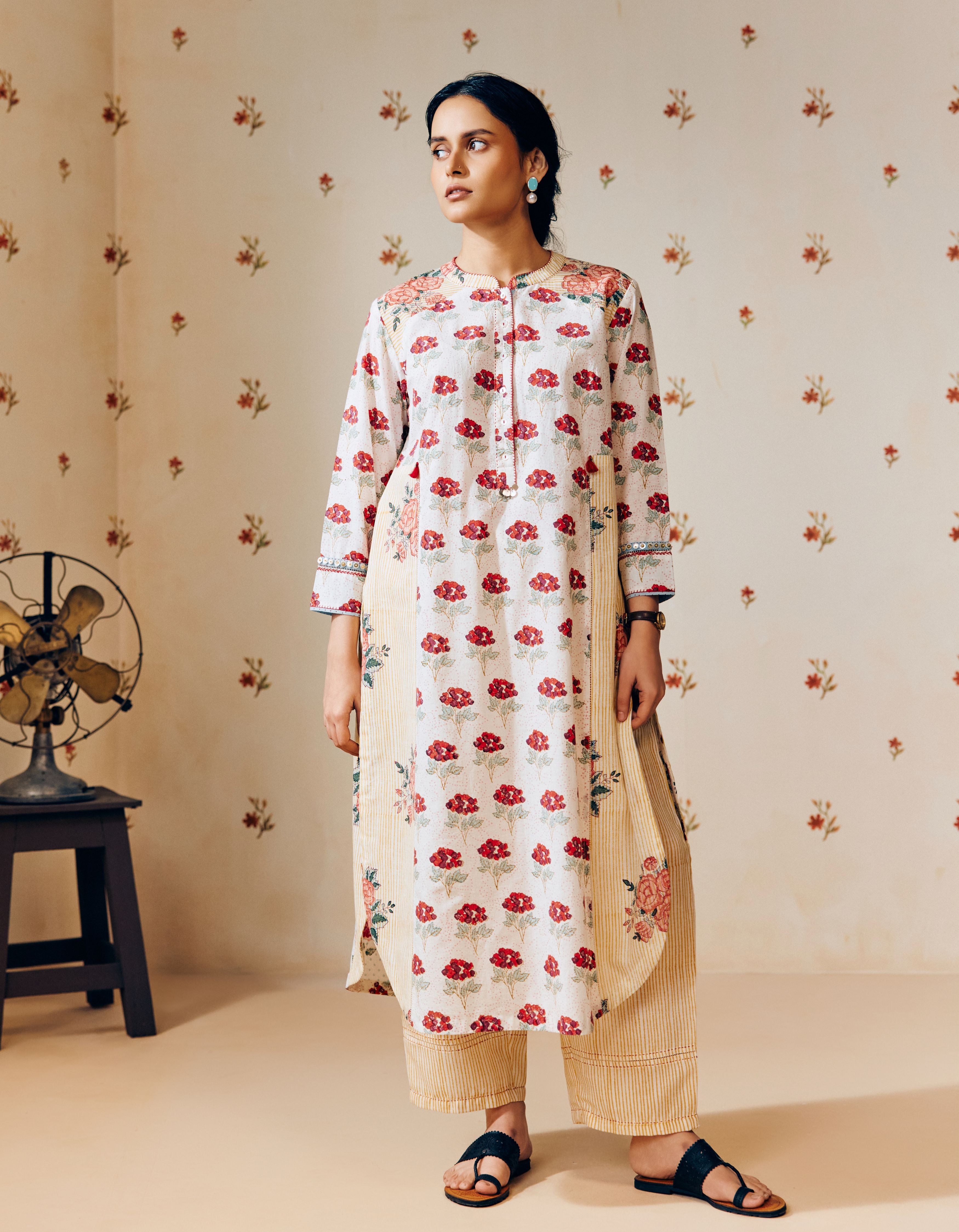 Off White Poppy and Stripes Print Mia Kurta Set