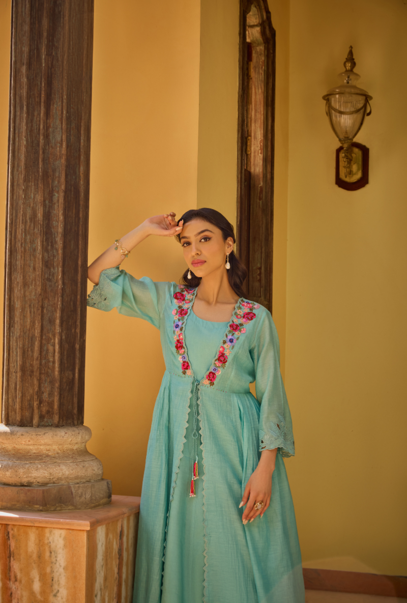 Turquoise Cut Dana And Sequin Cape Anaardana Dress Set