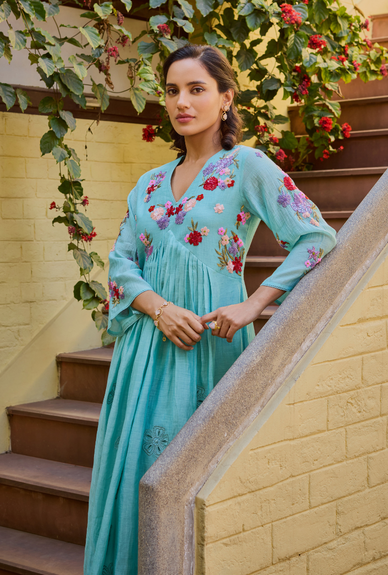 Turquoise Hand Embroidered Kalidaar Anaardana Kurta Set