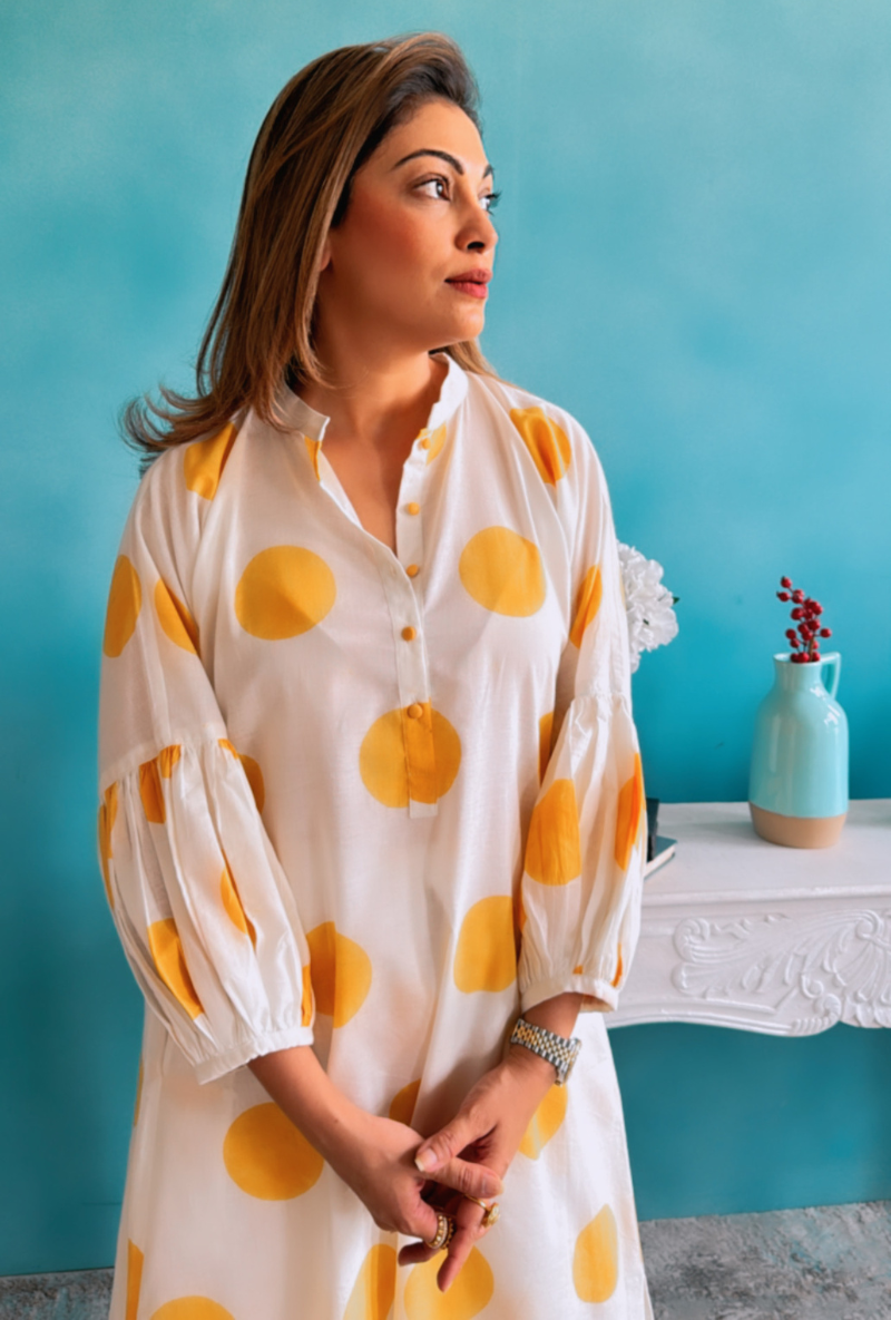 Meghna Nayyar in Yellow Polka Lovebirds Kurta Set