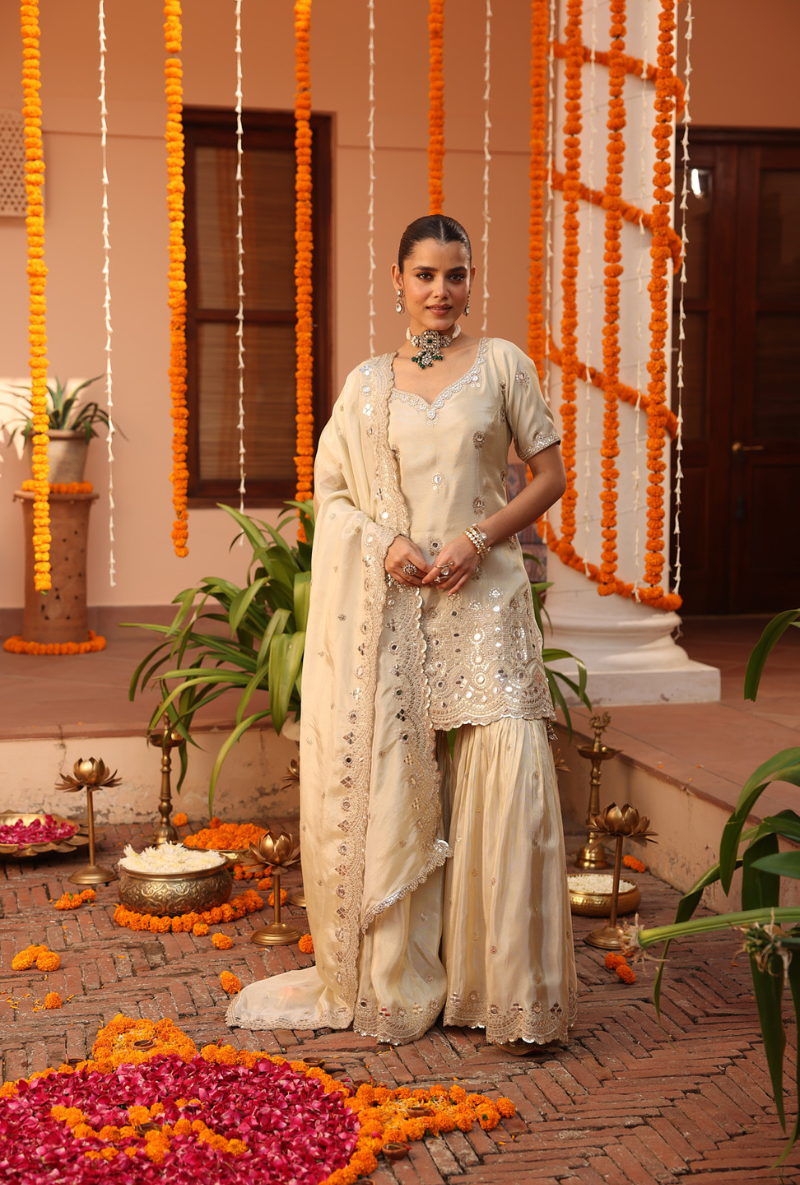 Beige V- Neck Zari And Mirror Tissue Hoor 3.0 Gharara Set