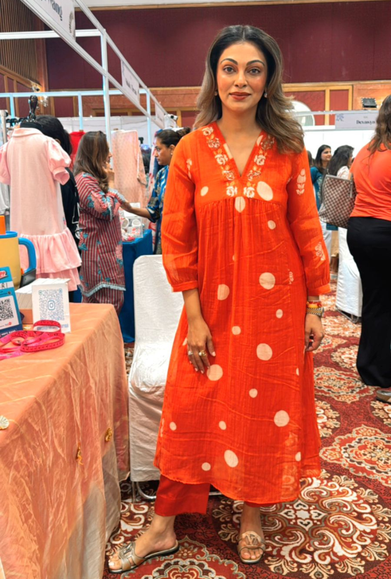 Meghna Nayyar in Orange Polka  Hand Block Print Ruhi Kurta Set