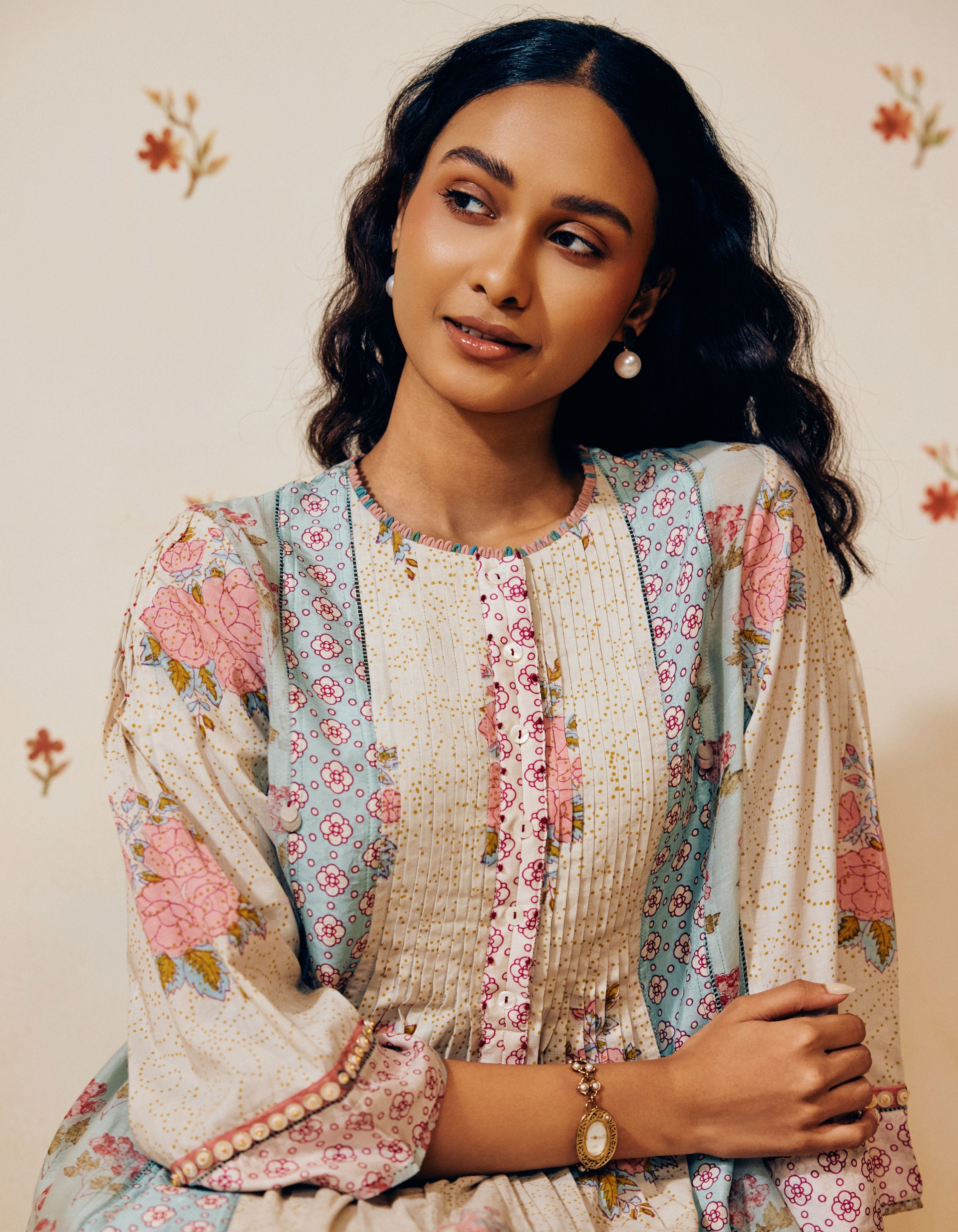 Powder Blue Hand Block Printed Multi Panel Mia Kurta Set