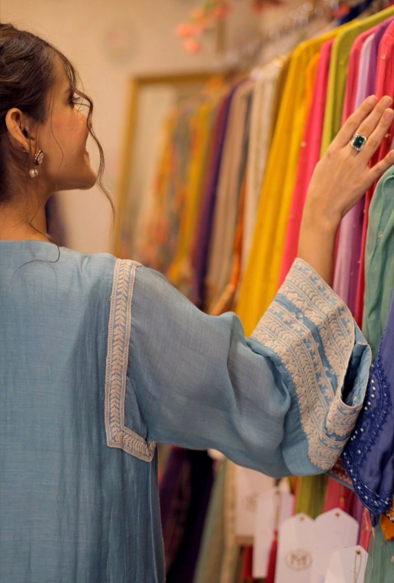 Varsha Rana in Powder Blue A-Line Naveli Farshi Kurta Set