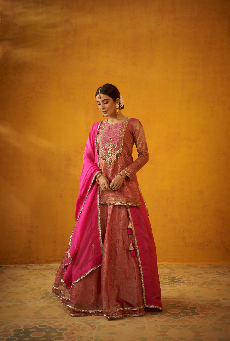 A woman wearing a pink and red tissue lehenga choli with hand-embroidered zardosi work and a dupatta with hand-crafted buttis, standing against an orange backdrop.