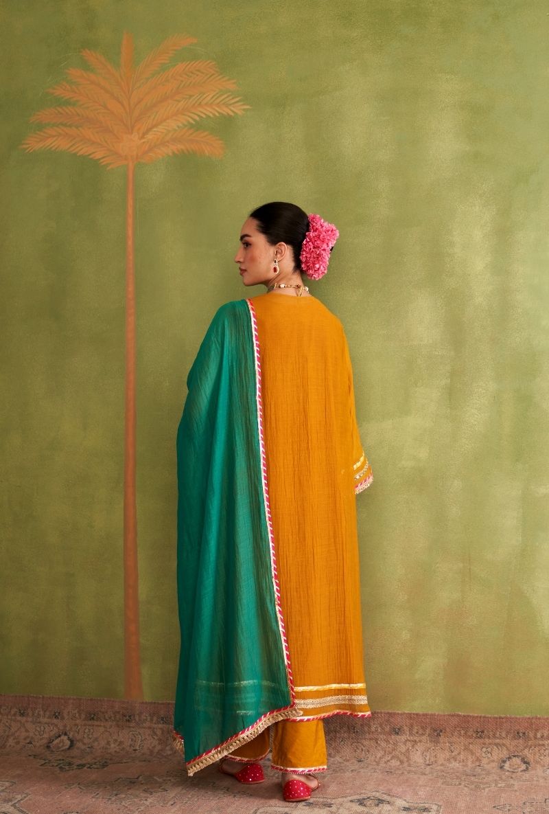 Mustard Embroidered Overlap Morbagh Kurta Set
