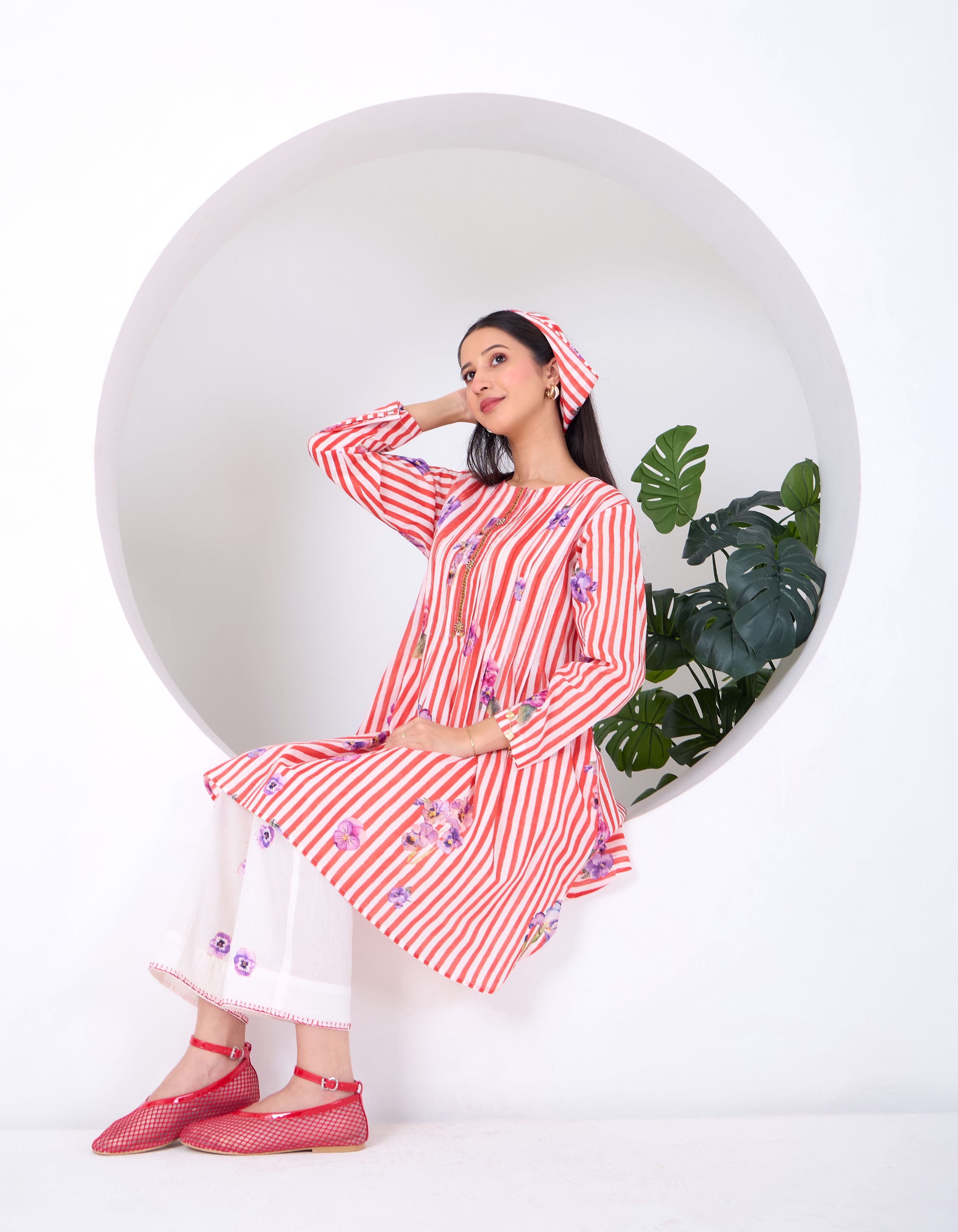 Red & Ivory Stripe Pansy June Kurta Set