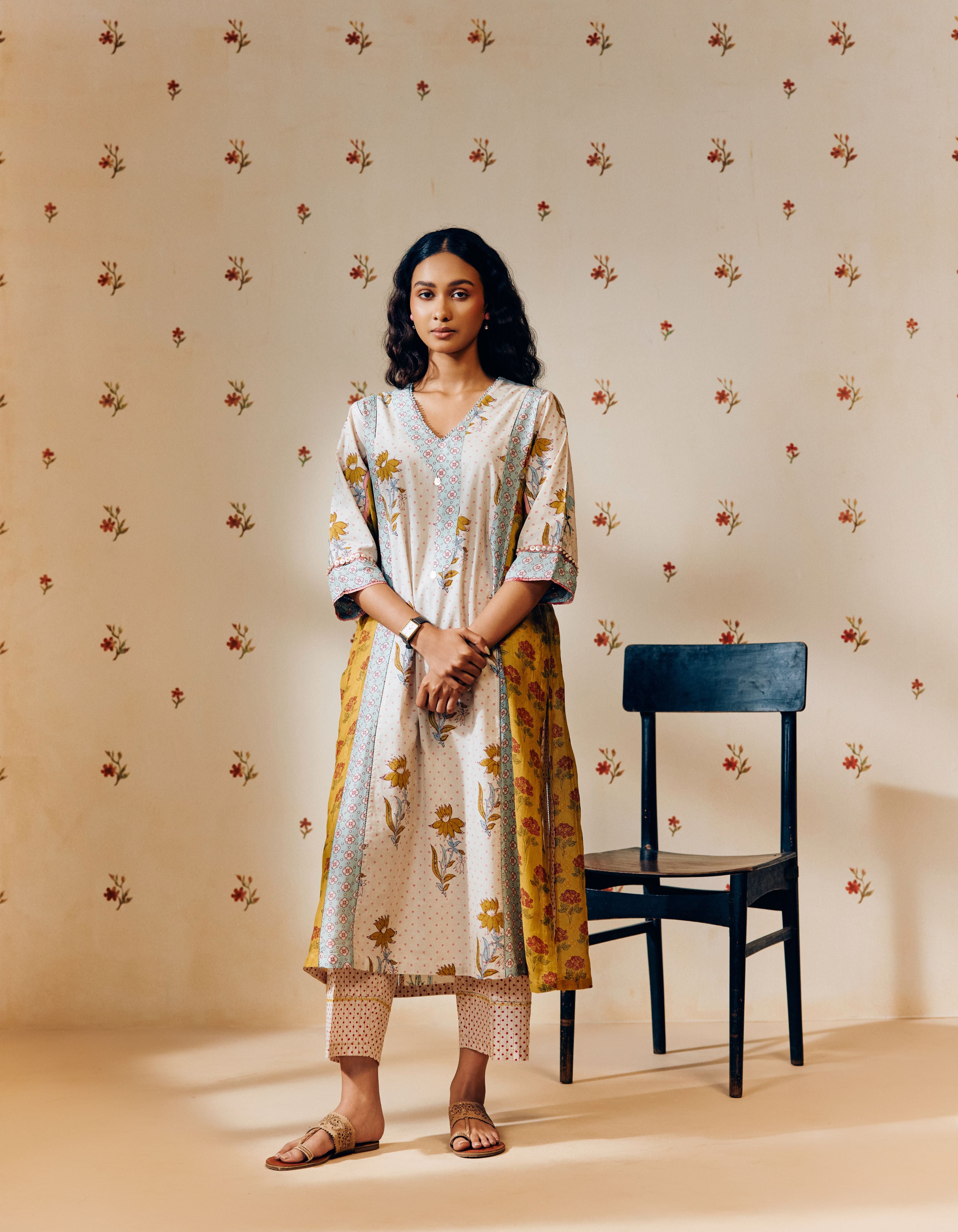 Off White And Mustard Hand Block Printed Silk Multi Panel Mia Kurta Set