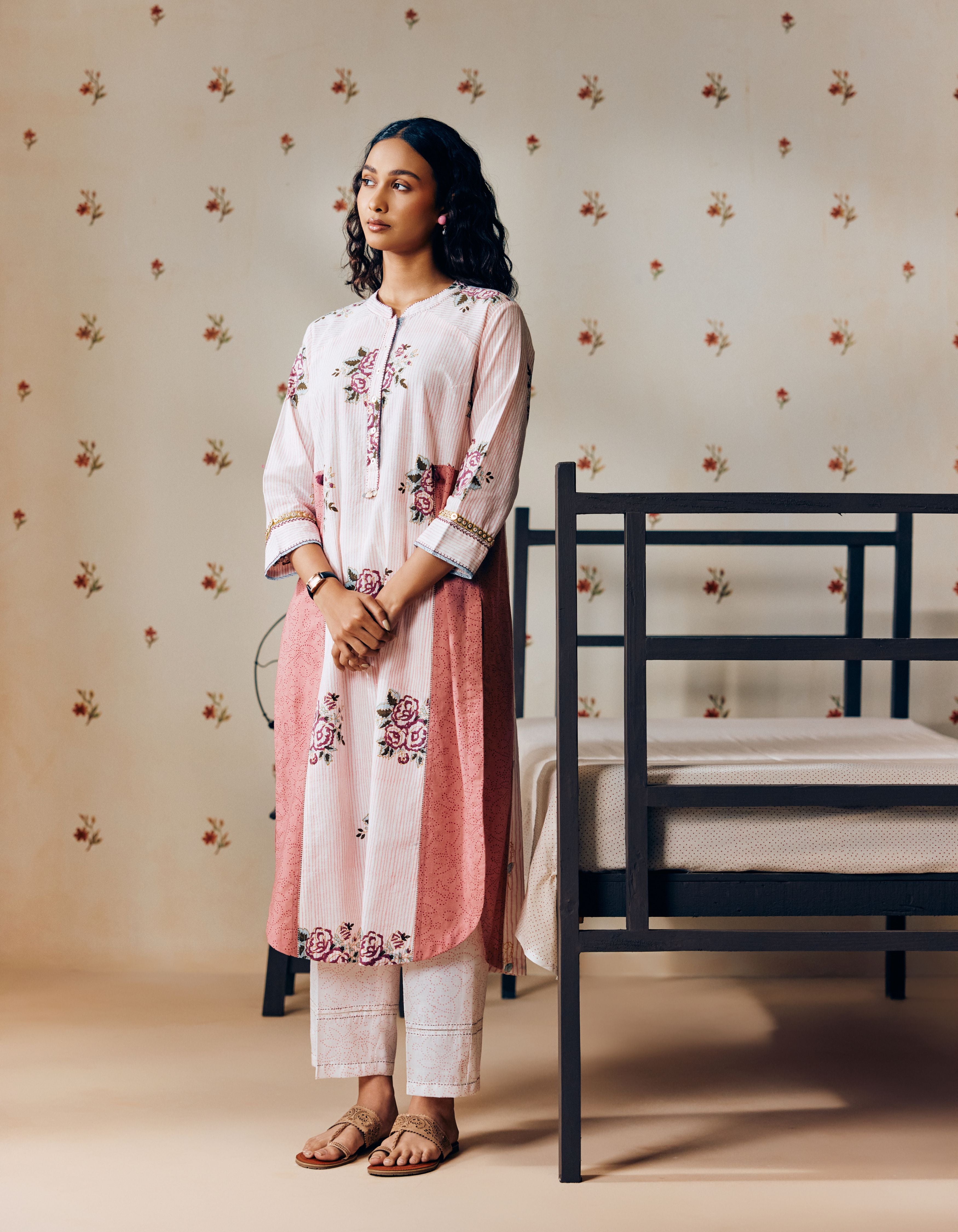 Off-White & Powder Pink Handblock Rose Motif Mia Kurta Set