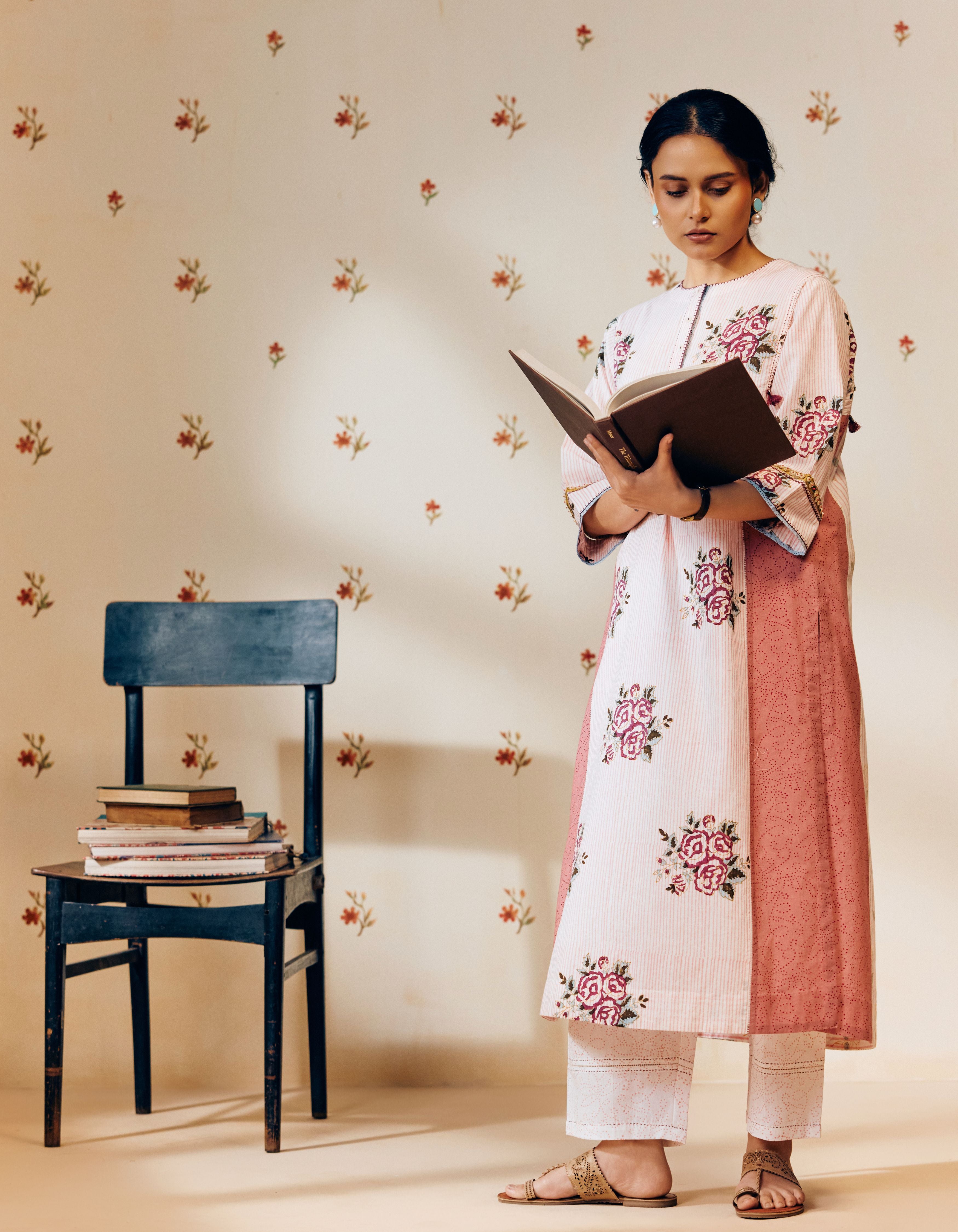 Off-White &  Pink Handblock Rose Motif Mia Kurta Set