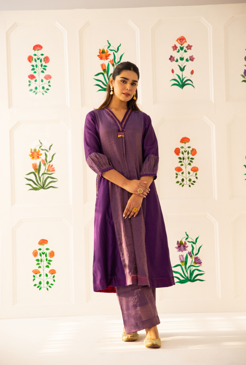 Purple High Collar Kishmish Kurta Set