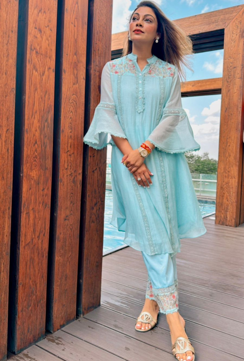 Meghna Nayyar in Aqua Blue Pero Chanderi Floral Shoulder Yoke Kiki Kurta Set