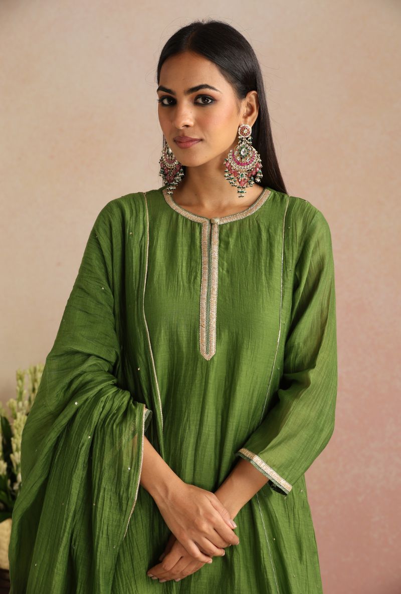 Olive Green Cheeta Work Itrh Kurta Set