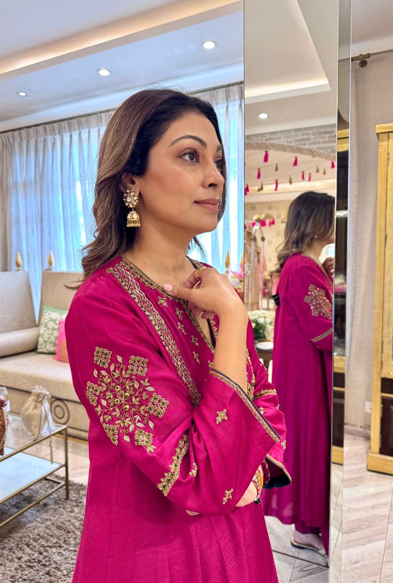 Meghna Nayyar in Rani Pink with Hand-Embroidered Yoke Kurta Set