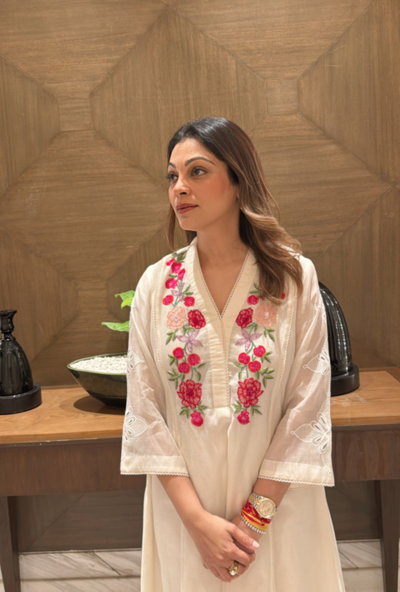 Meghna Nayyar in Ivory A Line Hand Embroidered Anaardana Kurta Set