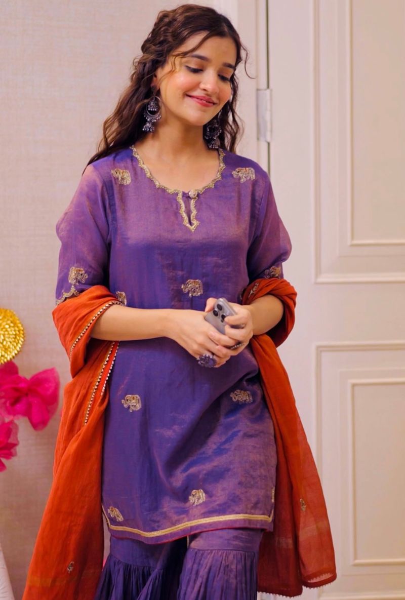 Varsha Rana in Purple Elephant Motif Surmayi Sharara Set