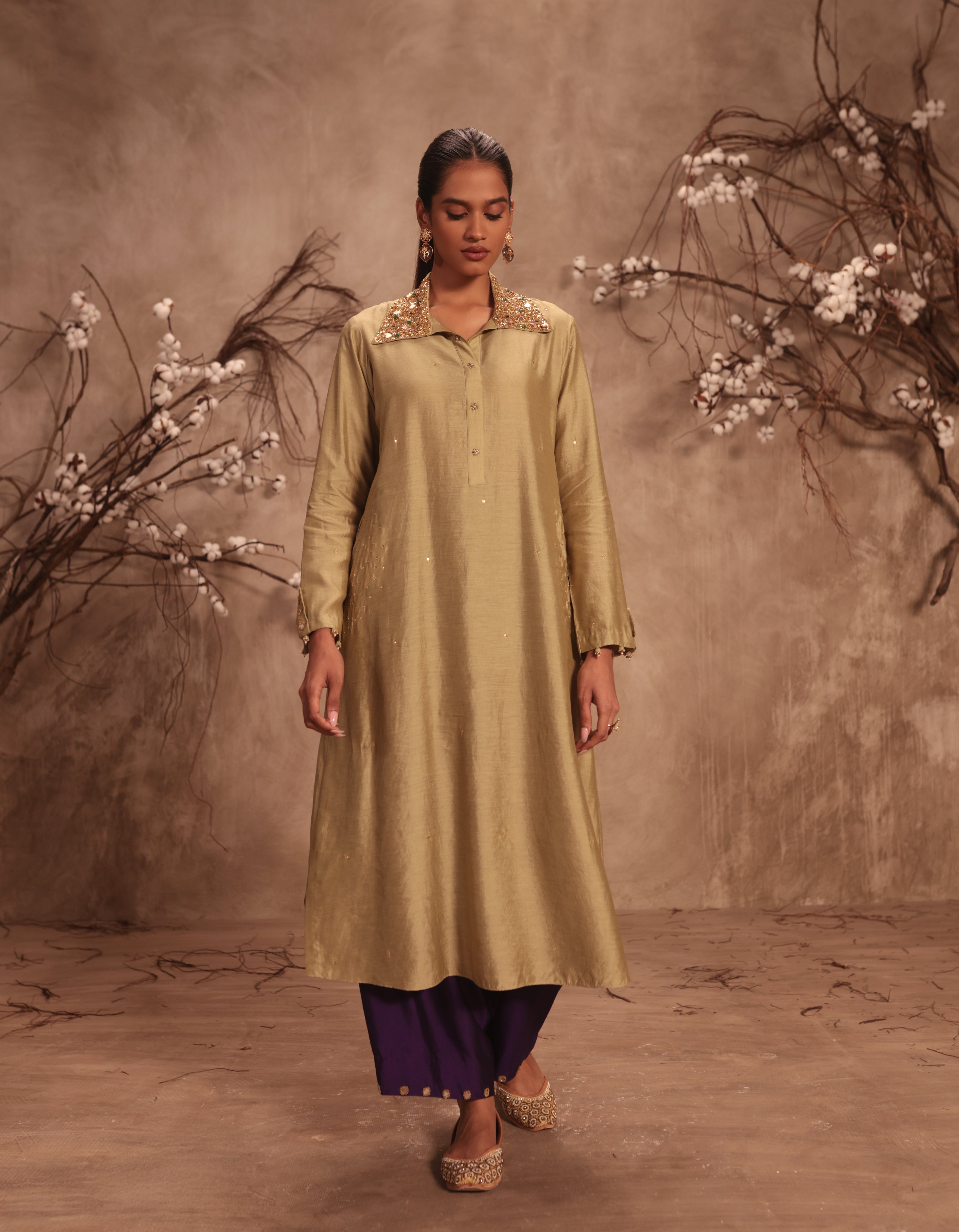 Light Green Heavy Collar Rani Kurta Set