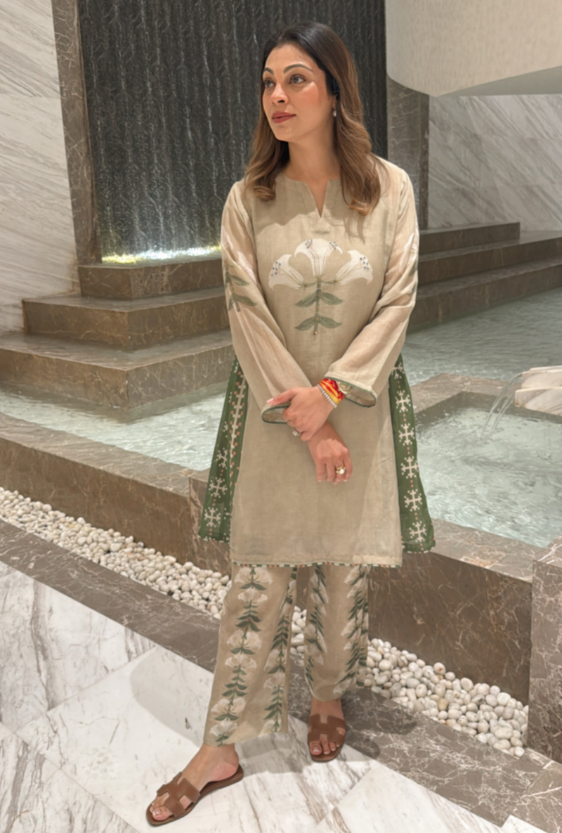 Meghna Nayyar in Beige Printed Dahlia Co-ord set