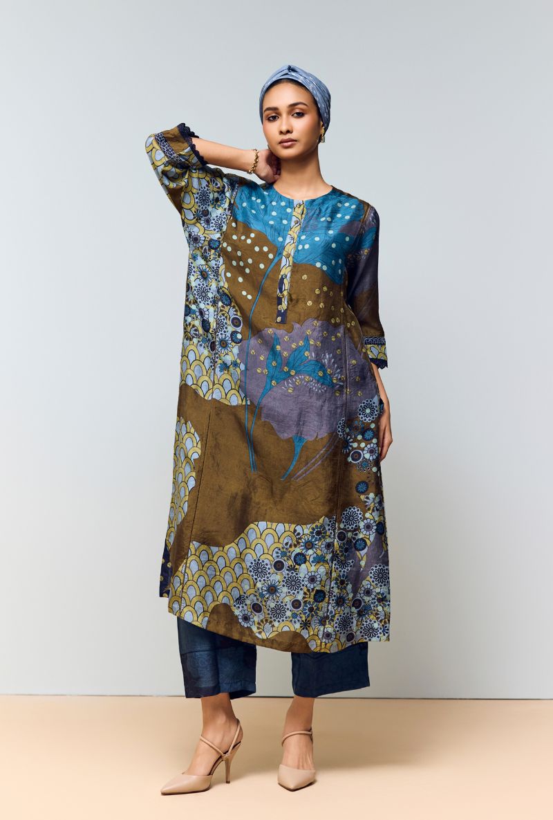 Midnight Blue Hand Printed Kaftan Sleeve Eden Co-Ord Set