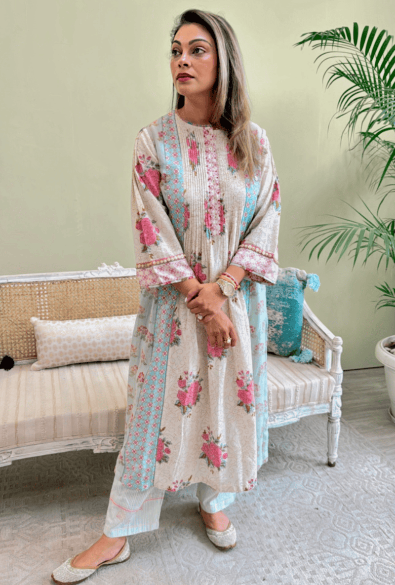 Meghna Nayyar in Powder Blue Hand Block Printed Multi Panel Mia Kurta Set