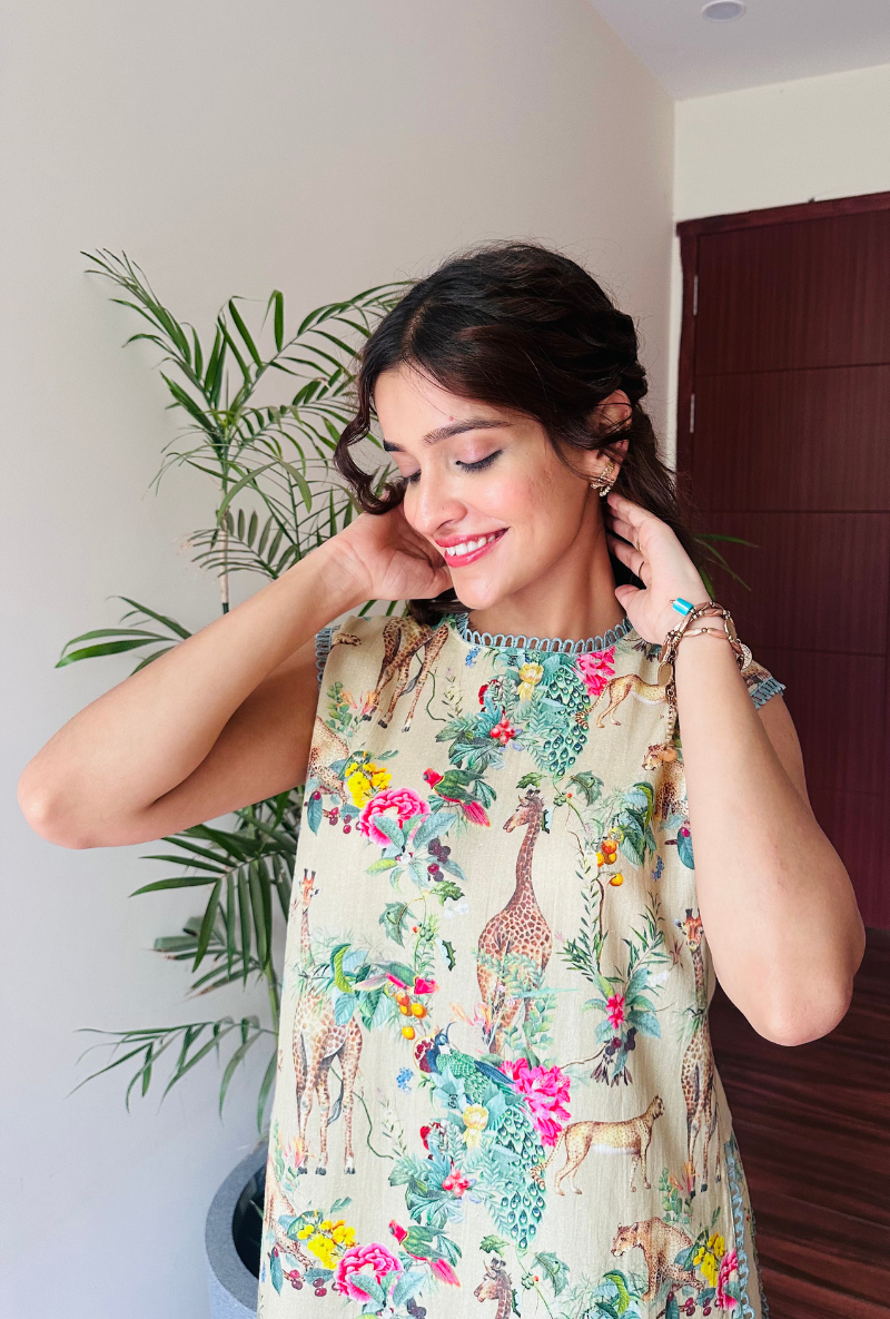 Varsha Rana in Beige Safari Print Sleeveless Savannah Co-Ord Set