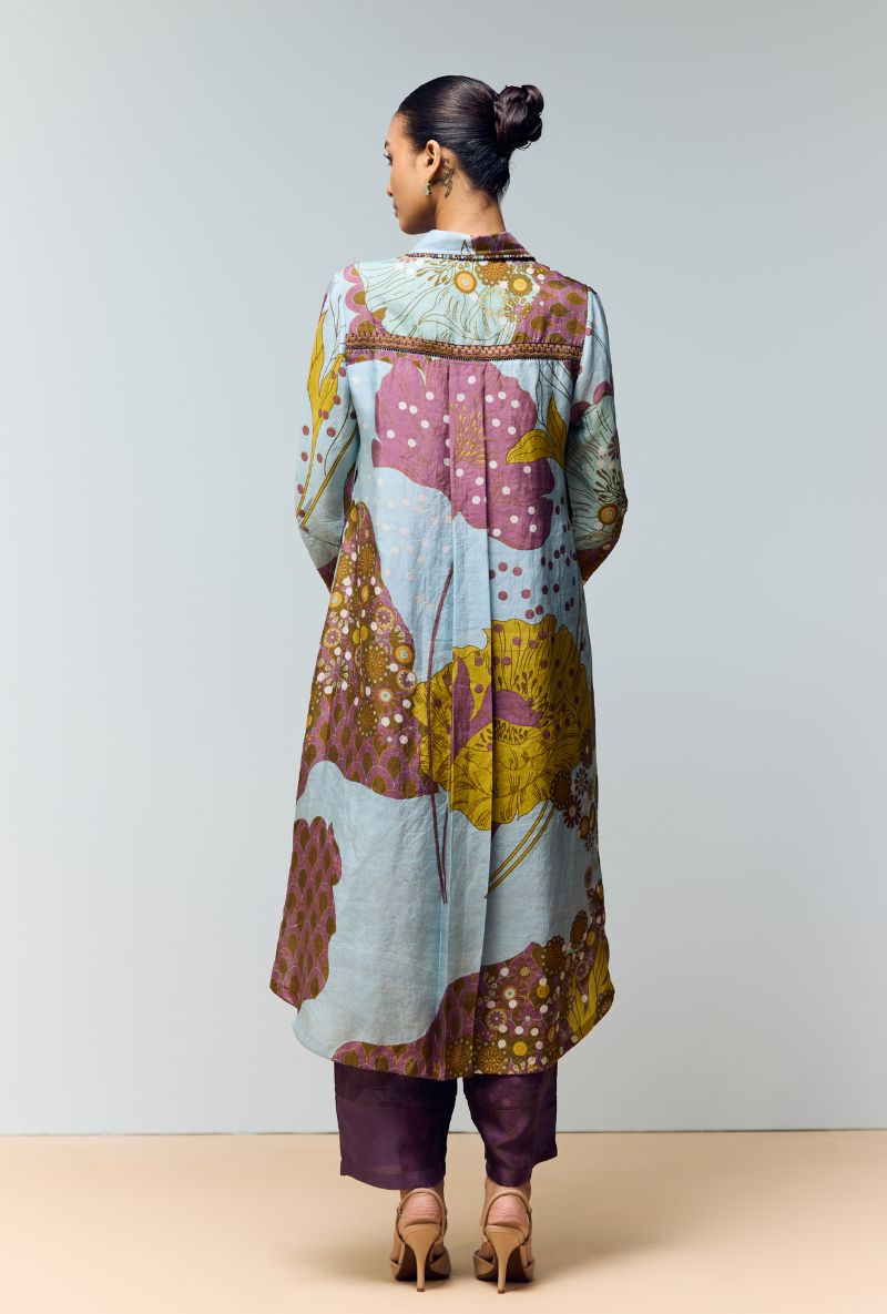 Greyish Blue Hand Printed Shirt Collar Eden Co-Ord Set